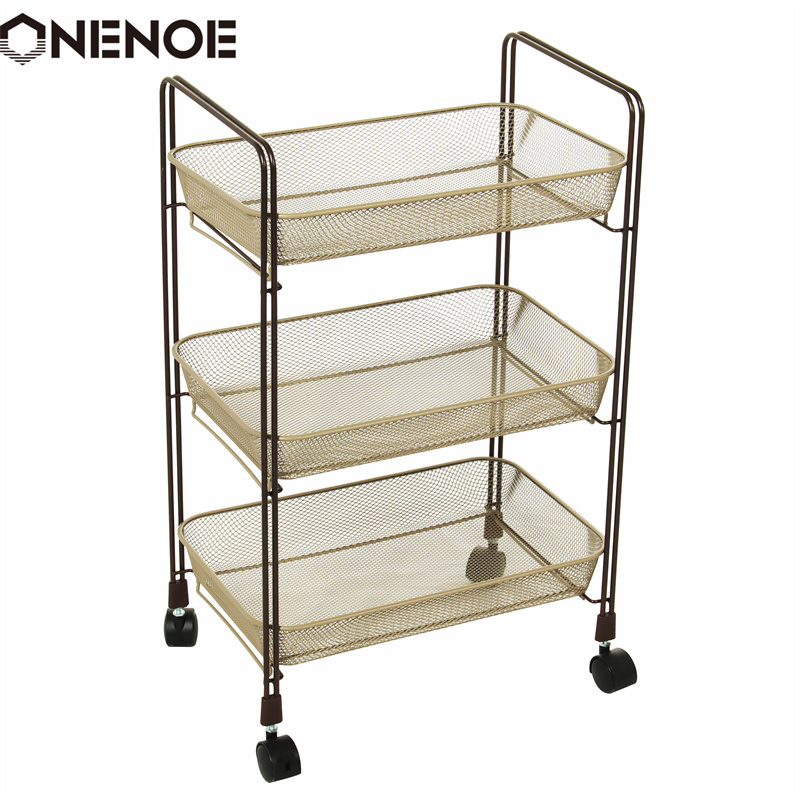 Onenoe Design Modern Metal Mesh 3-Tier Storage Organizer Multi-Use Utility Rolling Cart Kitchen Heavy Duty Strong Atability Trolley Storage Cart with Baskets